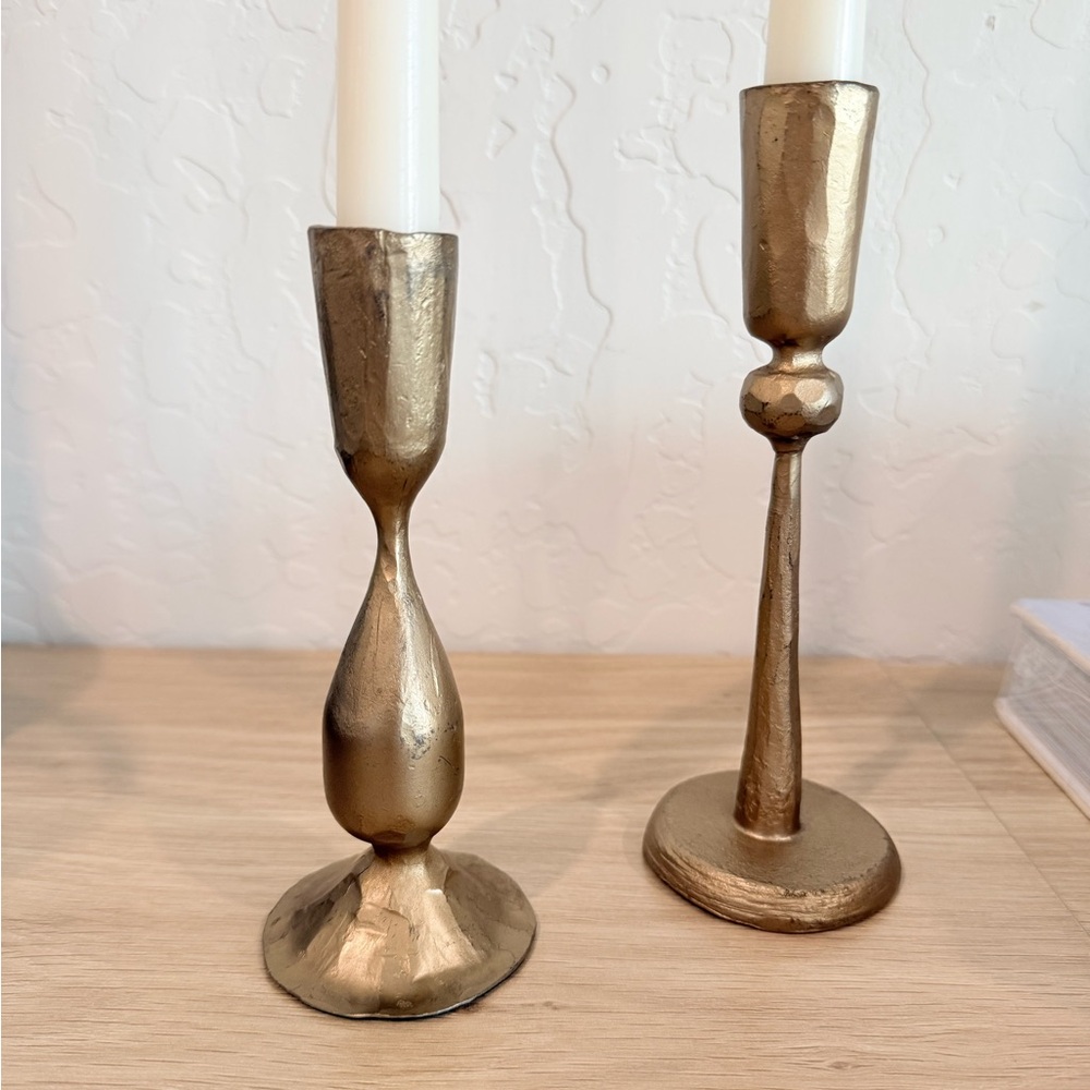 Set Of 2 McGee And Co Antique Brass Taper Candle Holders - Picture 4 of 6